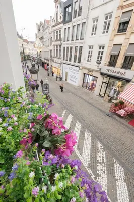 a street with flowers on the side of a building at Cosy 1 bedroom apartment close to Grand Place in Brussels