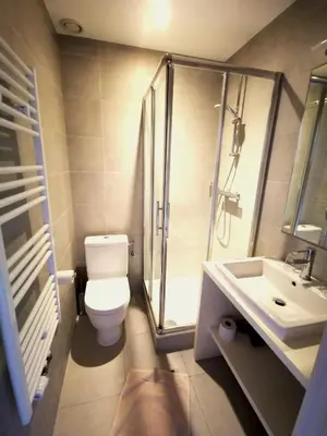 a bathroom with a toilet and a shower and a sink at Maison Jamaer in Brussels