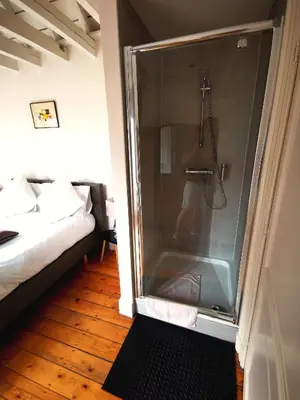 a glass shower in a room with a bed at Maison Jamaer in Brussels