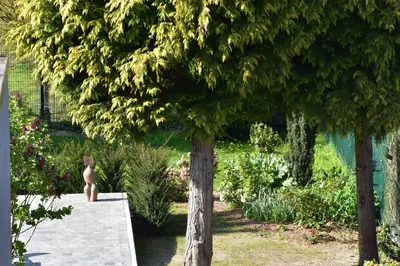 a statue of a bird sitting on a wall in a garden at RectoVersoVV in Sint-Pieters-Leeuw