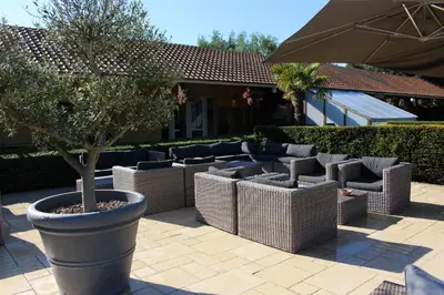 a group of wicker chairs and a tree in a courtyard at Thermen Londerzeel Hotel in Londerzeel