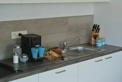 a kitchen counter with a sink and a coffee maker at Lo-Gies in Lochristi
