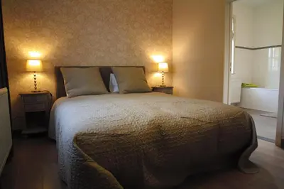 a bedroom with a large bed with two lamps at Bed & Breakfast De Kleine Magnolia in Tessenderlo