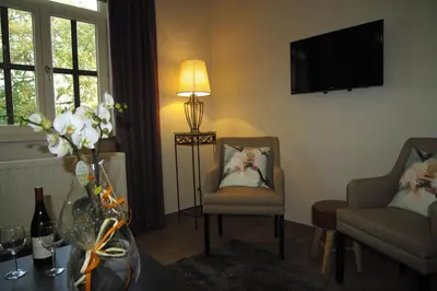 a living room with two chairs and a flat screen tv at Bed & Breakfast De Kleine Magnolia in Tessenderlo