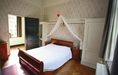 a bedroom with a bed with a curtain hanging over it at Kasteel Ter Leyen in Boekhoute