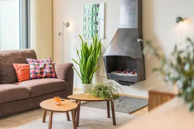 a living room with a couch and a fireplace at Fuths Loft Penthouse 85 in Antwerp