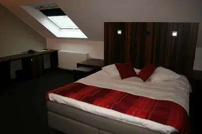 a bedroom with a bed and a skylight at Hotel Carpinus in Leuven