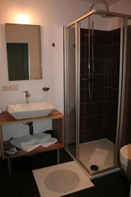 a bathroom with a shower and a sink at Hotel Carpinus in Leuven