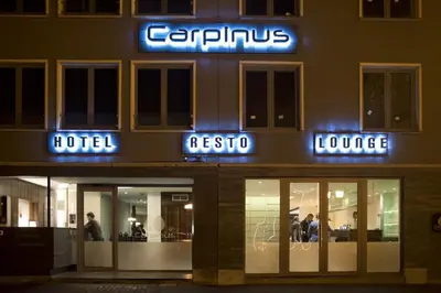 a hotel with neon signs on the front of it at Hotel Carpinus in Leuven