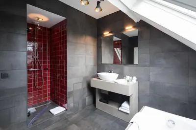 a bathroom with a sink and a shower at Hotel 'T Sandt in Antwerp