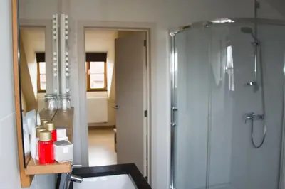 a bathroom with a shower and a sink and a mirror at Hostellerie De Biek in Moorsel
