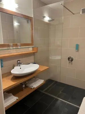 a bathroom with a sink and a shower at Boardhousing in Leuven