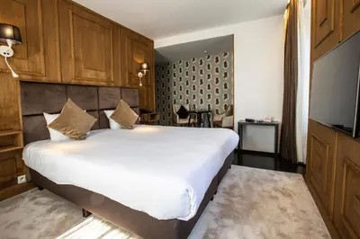 a bedroom with a large bed and a flat screen tv at Hotel Esperance in Brussels