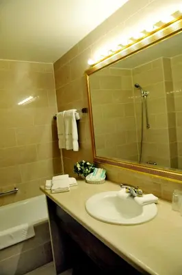 a bathroom with a sink and a mirror and a tub at Hotel Kasteel Solhof in Aartselaar