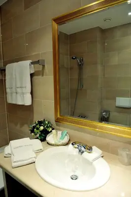 a bathroom with a white sink and a mirror at Hotel Kasteel Solhof in Aartselaar