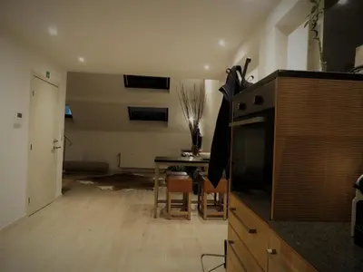 a kitchen with a table and a dining room at Villa Einstein Apartments in Antwerp