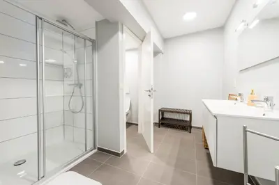 a bathroom with a shower and a sink at Munal Hotel Temse in Temse