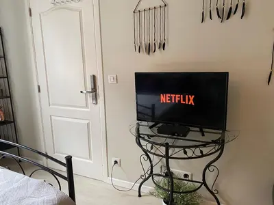 a television on a stand in a room with a door at Petit Appartement Jourdan EU in Brussels
