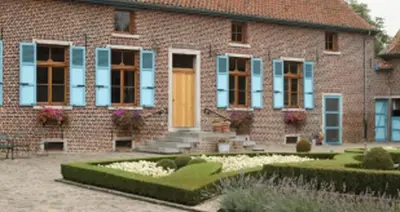 a brick house with blue windows and a yellow door at Onsemhoeve in Dilbeek
