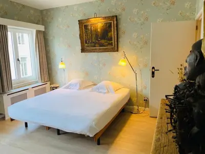 a bedroom with a large bed in a room with wallpaper at CitytripGent Apartment in Ghent