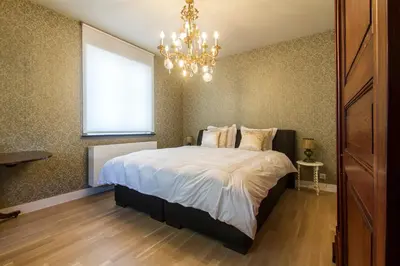 a bedroom with a large bed and a chandelier at B&B Vinedo in Zele