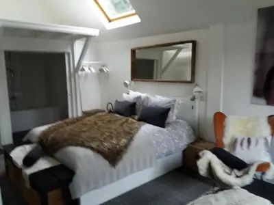 a bedroom with a bed and a mirror at B&B L'Eau Claire in La Hulpe