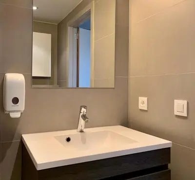 a bathroom with a white sink and a mirror at Castelnou Aparthotel in Ghent