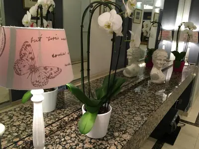 a table with flowers and a sign with a butterfly on it at First Euroflat Hotel in Brussels