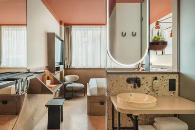 two pictures of a bathroom with a sink and a mirror at The Usual Brussels in Brussels