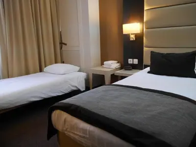 a hotel room with two beds and a lamp at Hotel Best Western City Centre in Brussels