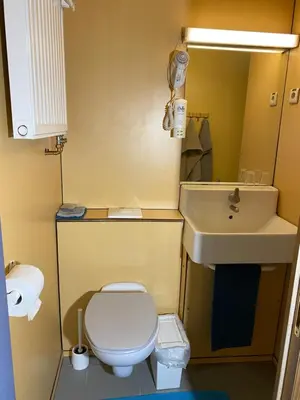 a small bathroom with a toilet and a sink at Hotel Fauwater in Kasterlee