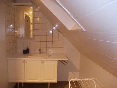 a bathroom with a sink and a mirror at Het Zolderhuis in Arendonk