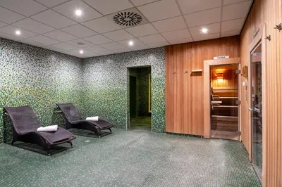 a waiting room with two chairs and green wallpaper at Crowne Plaza Antwerpen by IHG in Antwerp