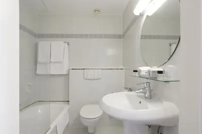 a bathroom with a sink and a toilet and a mirror at Theater Hotel Leuven Centrum in Leuven