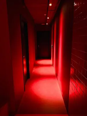 a red corridor with a red light in a room at Hotel Van Belle in Brussels