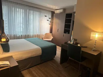 a hotel room with a bed and a desk and a chair at Hotel Agenda Louise in Brussels
