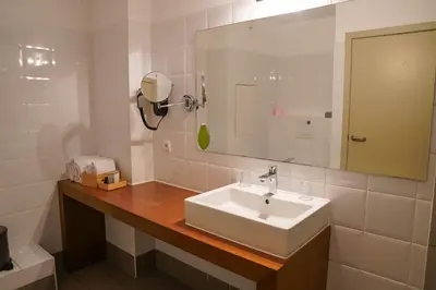 a bathroom with a sink and a mirror at Hotel de Flandre Ghent in Ghent