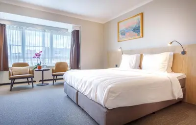 a hotel room with a large bed and a large window at Hotel Carlton in Ghent