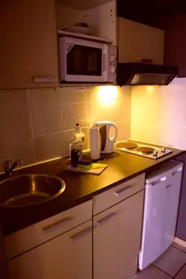 a kitchen with a sink and a microwave at Condo Gardens Antwerp in Antwerp