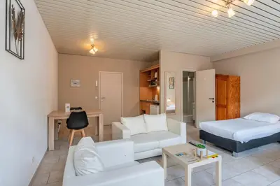 a living room with a bed and a couch at Condo Gardens Brussels in Brussels