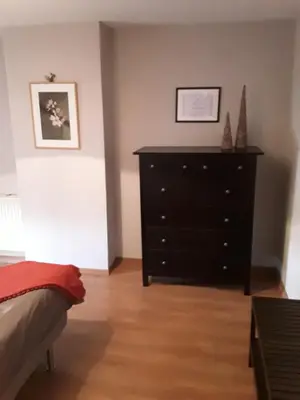 a bedroom with a black dresser and a bed at Wenceslas Cobergher III in Bertem