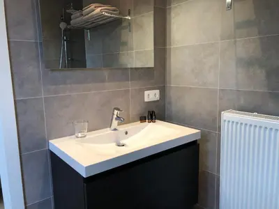 a bathroom with a sink and a mirror at B&B Garden55 in Mechelen