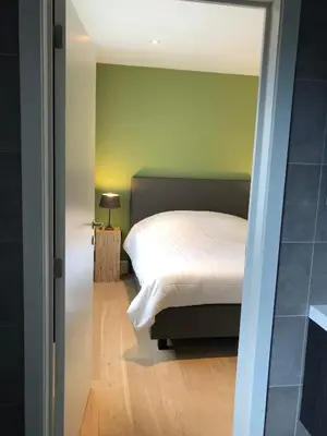 a bedroom with a white bed and a green wall at B&B Garden55 in Mechelen