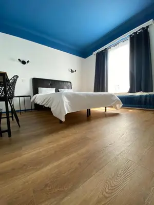 a bedroom with a bed and a blue ceiling at Hotel Windsor in Brussels