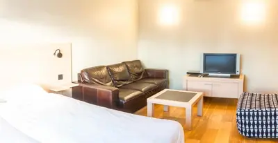 a hotel room with a couch and a television at Wellness Apart Hotel in Brussels