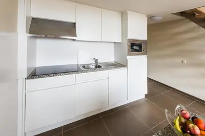 a white kitchen with a sink and a bowl of fruit at Arass Hôtel & Business Flats in Antwerp