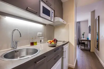 a kitchen with a sink and a bowl of fruit on the counter at Citadines Sainte-Catherine Brussels in Brussels