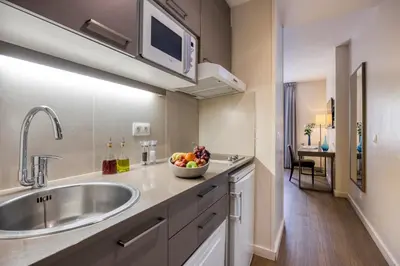 a kitchen with a sink and a bowl of fruit on the counter at Citadines Toison d'Or Brussels in Brussels
