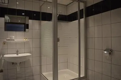 a bathroom with a shower and a sink at Hotel Royal Zelzate in Zelzate