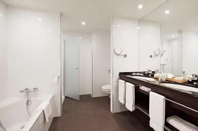 a bathroom with a tub and a toilet and a sink at Lindner Hotel Antwerp, part of JdV by Hyatt in Antwerp